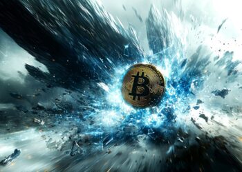 Una moneda de bitcoin en medio de una explosión.