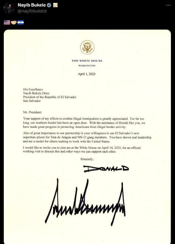 carta de invitación de trump a bukele