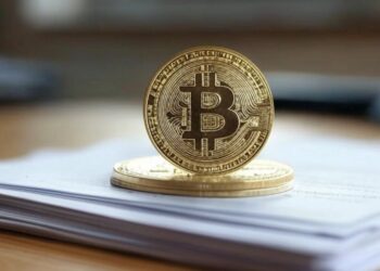Una moneda con el logo de bitcoin sobre una pila de papeles.