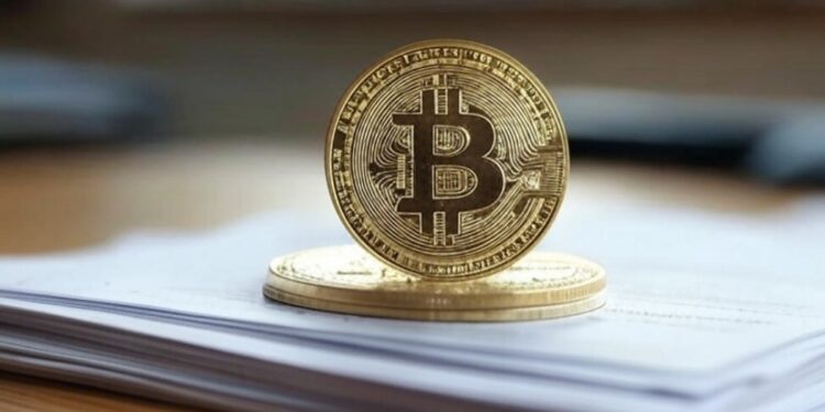 Una moneda con el logo de bitcoin sobre una pila de papeles.