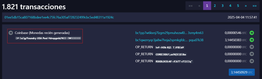 Etiqueta Coinbase de un bloque en la mempool.