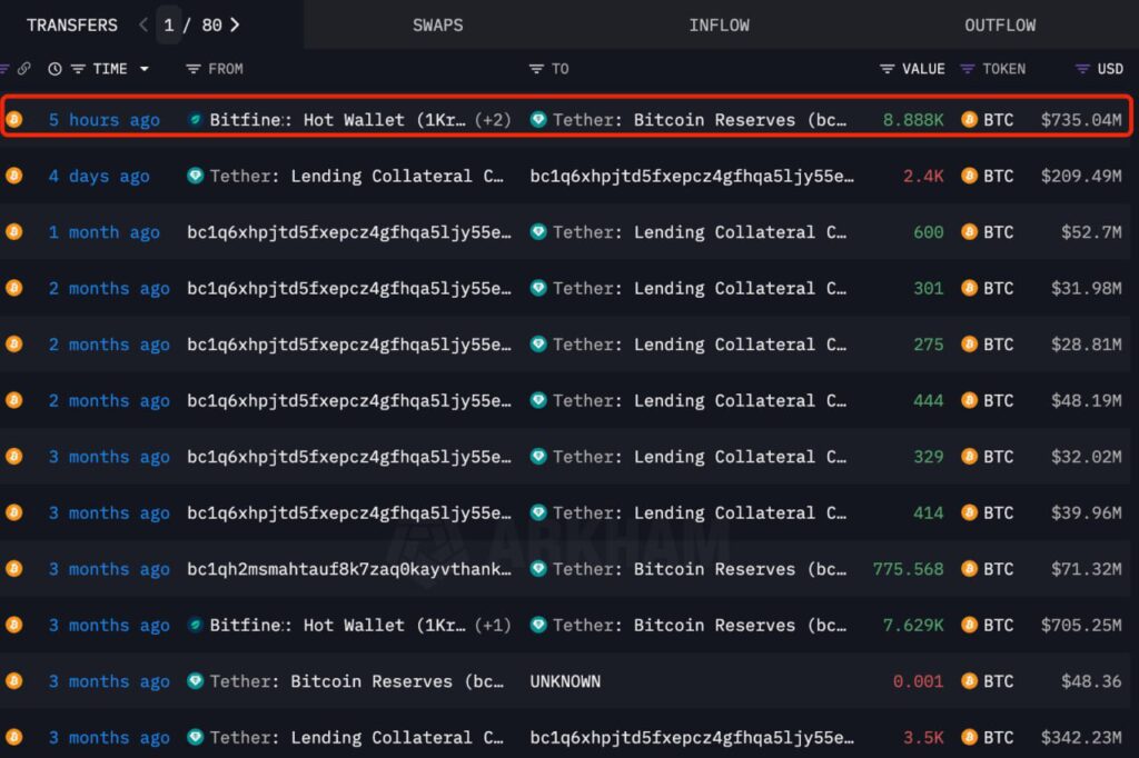 transacción que muestra la compra de BTC de Tether de más casi 9.000 bitcoin.