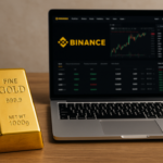 Lingote de oro al lado de una computadora. En el monitor se ve el logo de Binance.