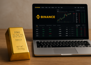 Lingote de oro al lado de una computadora. En el monitor se ve el logo de Binance.