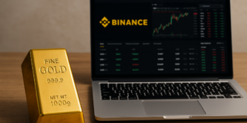 Lingote de oro al lado de una computadora. En el monitor se ve el logo de Binance.