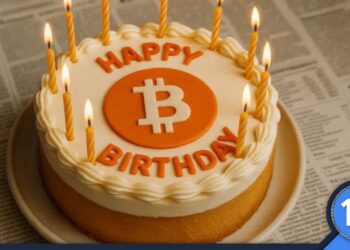 Pastel de cumpleaños con el logo de bitcoin, sobre un mantel formado por diarios.
