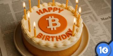 Pastel de cumpleaños con el logo de bitcoin, sobre un mantel formado por diarios.