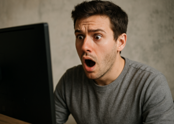 Hombre sorprendido mirando un monitor de computadora.