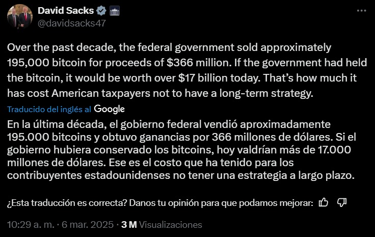 david sacks se entristece por los bitcoins vendidos de eeuu
