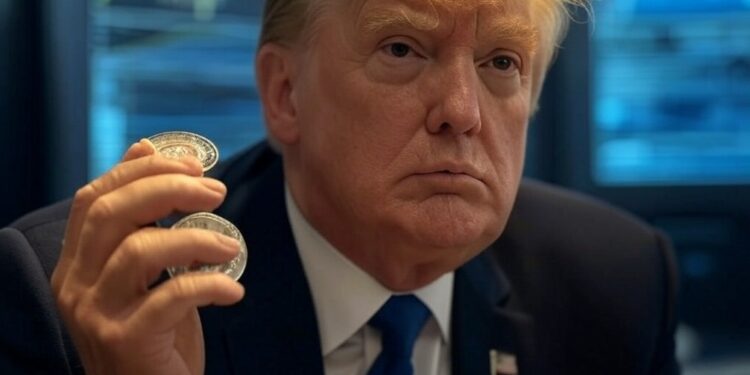 Trump con unas monedas en la mano.