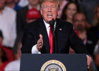Fotografía del presidente Donald Trump dando un discurso.