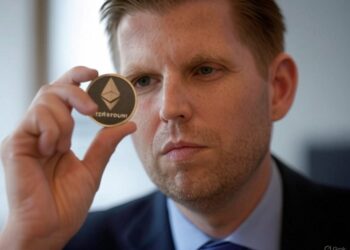 Eric Trump mira atentamente una moneda con el logo de Ethereum.