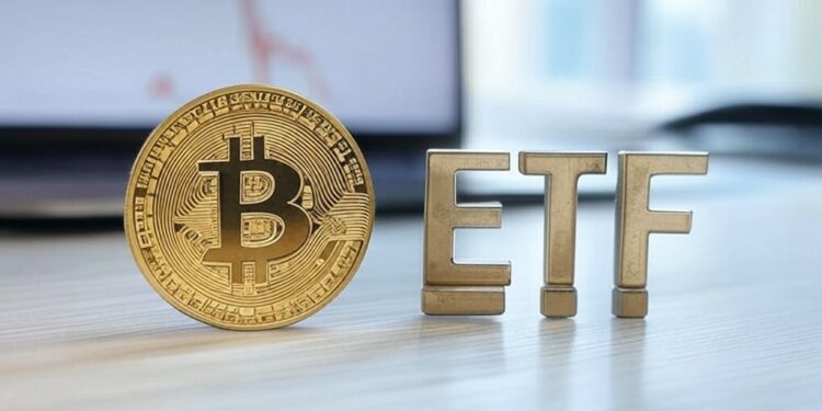 Moneda de bitcoin y las letras ETF al lado.