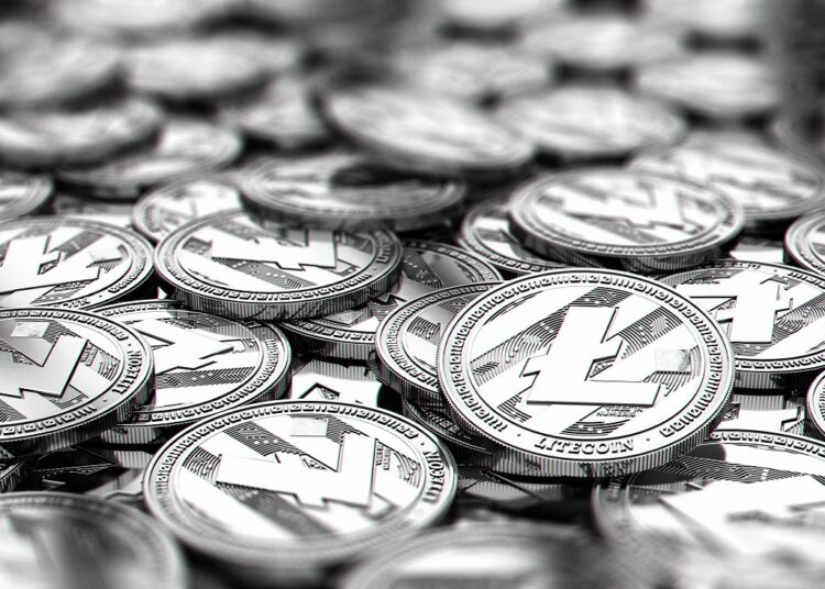 Muchas monedas de litecoin plateadas.
