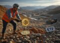 Una minero extrae una moneda con el logo de bitcoin.