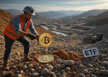 Una minero extrae una moneda con el logo de bitcoin.