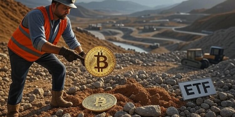Una minero extrae una moneda con el logo de bitcoin.