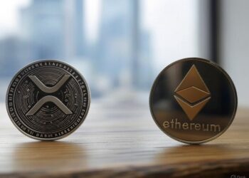 Dos monedas sobre una mesa, una con el logo de XRP y otra con el de Ethereum.