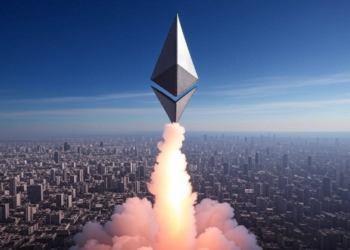 El logo de Ethereum sale impulsado como un cohete hacia el cielo.