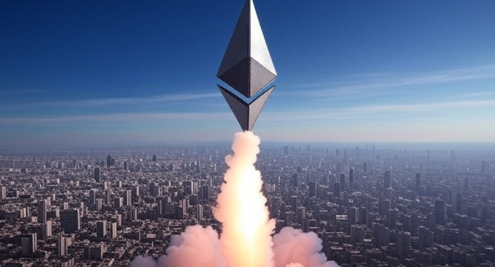 El logo de Ethereum sale impulsado como un cohete hacia el cielo.