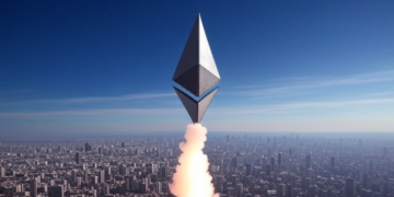 El logo de Ethereum sale impulsado como un cohete hacia el cielo.