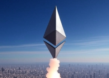 El logo de Ethereum sale impulsado como un cohete hacia el cielo.