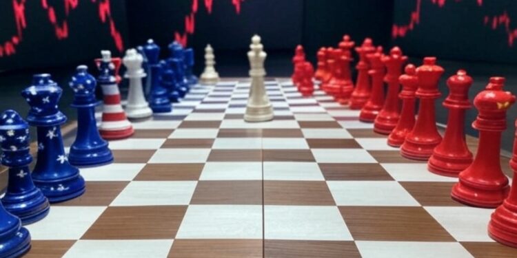 Imagen generada por la IA Grok sobre un tablero de ajedrez con un lado con la bandera estadounidense y otro con la bandera china, y de fondo unas gráficas de mercado en rojo.