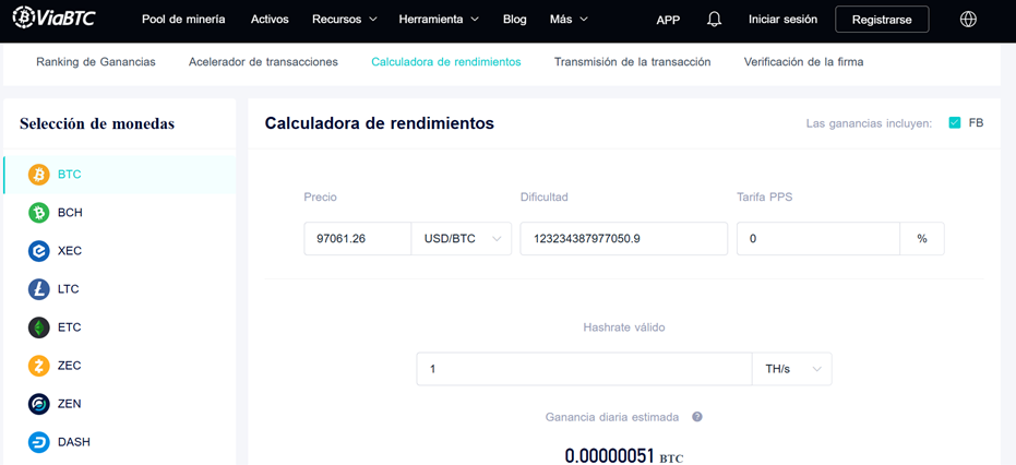 Esta es la calculadora de rendimiento que ofrece ViaBTC.