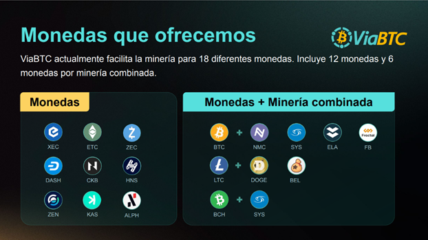 ViaBTC permite minar 18 criptomonedas diferentes. También ofrece minería combinada.