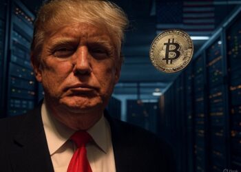 Donald Trump en un centro minero de BTC junto a una moneda de bitcoin.