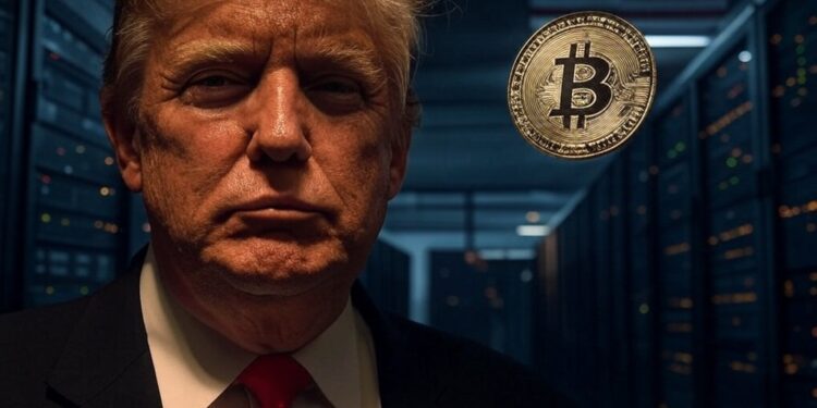 Donald Trump en un centro minero de BTC junto a una moneda de bitcoin.