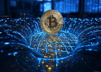 Una moneda de Bitcoin siendo capturada por algoritmos cuánticos.