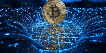Una moneda de Bitcoin siendo capturada por algoritmos cuánticos.