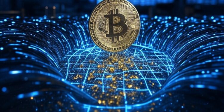Una moneda de Bitcoin siendo capturada por algoritmos cuánticos.