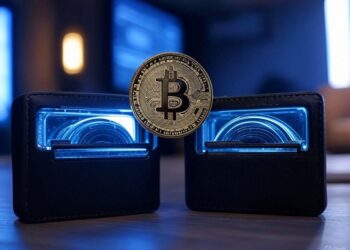 Una moneda de bitcoin siendo transferida de una wallet a otra.