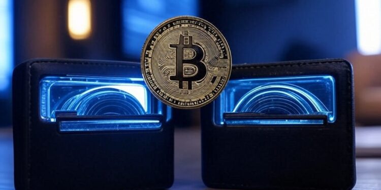 Una moneda de bitcoin siendo transferida de una wallet a otra.