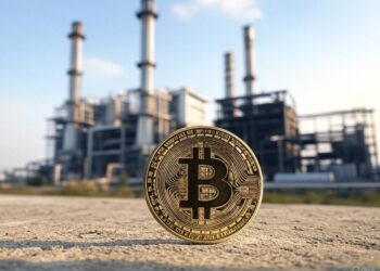 Una central energética con una moneda de bitcoin.