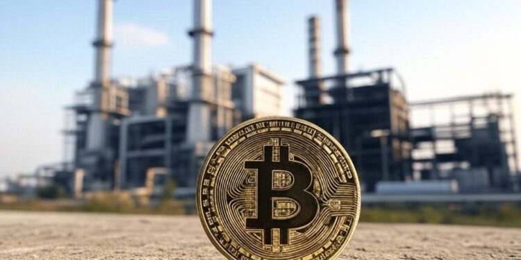 Una central energética con una moneda de bitcoin.