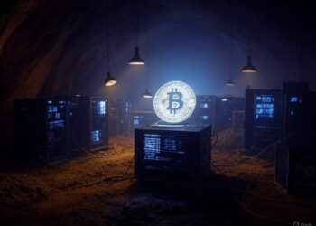 Una moneda de Bitcoin dentro de un centro de cómputo destinado a la minería BTC.