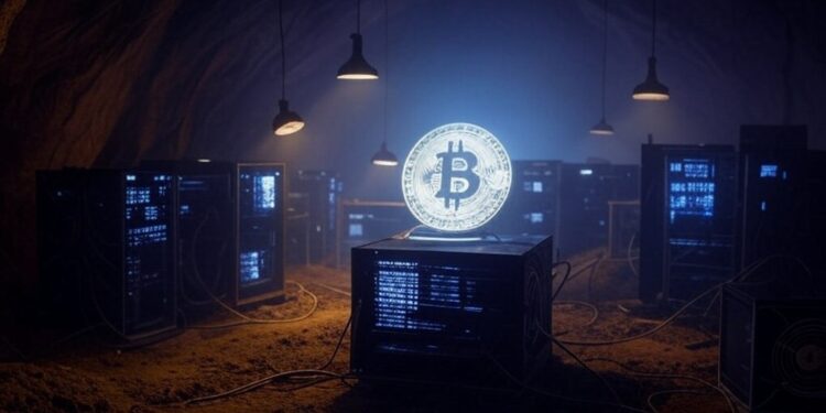 Una moneda de Bitcoin dentro de un centro de cómputo destinado a la minería BTC.