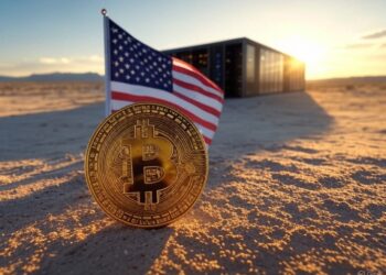 Una moneda de BTC junto a una bandera de EE. UU. en un centro de cómputo en un desierto.