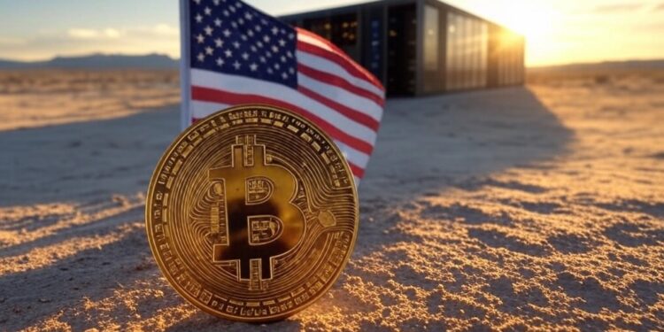 Una moneda de BTC junto a una bandera de EE. UU. en un centro de cómputo en un desierto.