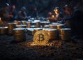 monedas de BTC en una cueva minera.