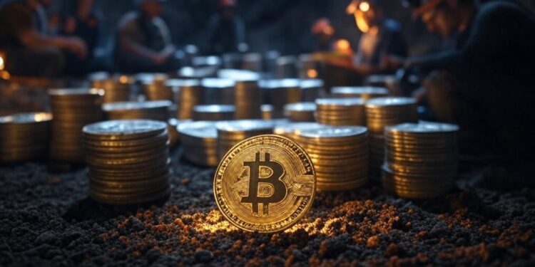 monedas de BTC en una cueva minera.