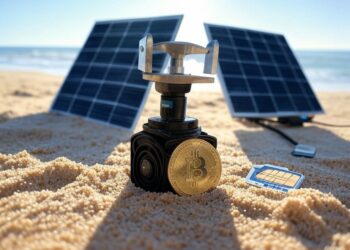 un mini ASIC de Bitcoin conectado a panales solares en una playa.