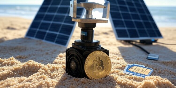 un mini ASIC de Bitcoin conectado a panales solares en una playa.