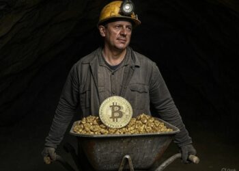 minero de bitcoin con una moneda de BTC.