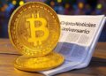Un periódico junto a una moneda gigante de bitcoin.