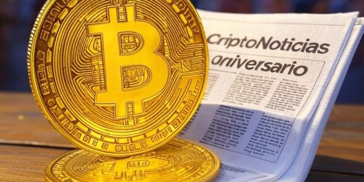 Un periódico junto a una moneda gigante de bitcoin.