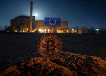 Una moneda de BTC junto a una bandera de la Unión Europea en una ciudad a oscuras.
